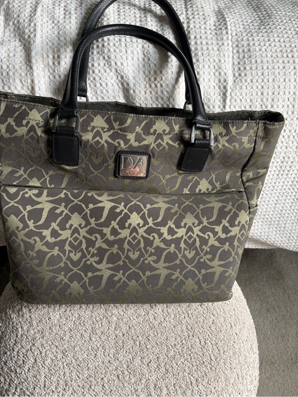 DVF Olive Patterned Tote Bag with Black Handles